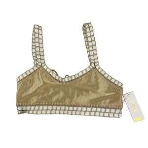 NEW LUXSEA Metallic Gold Crochet Bikini Top Tassel Lace Up Boho Swim Size Small